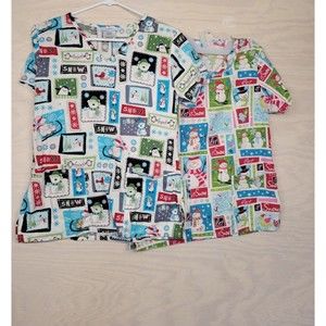 SB Scrubs Womens SZ XS Scrub Tops Lot Of 2 Christmas Snowman Polar Bears Holiday
